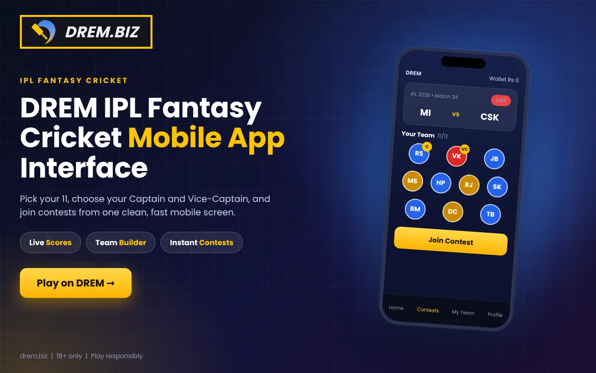 DREM IPL Fantasy Cricket mobile app interface with team builder screen